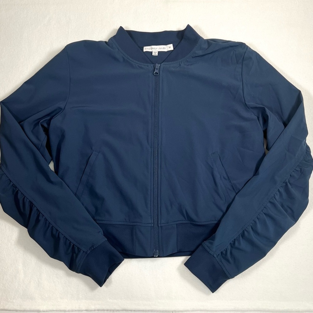 SINCERELY JULES Women’s Navy‎ Full Zip Crop Jacket Ruched Sleeves Size Medium